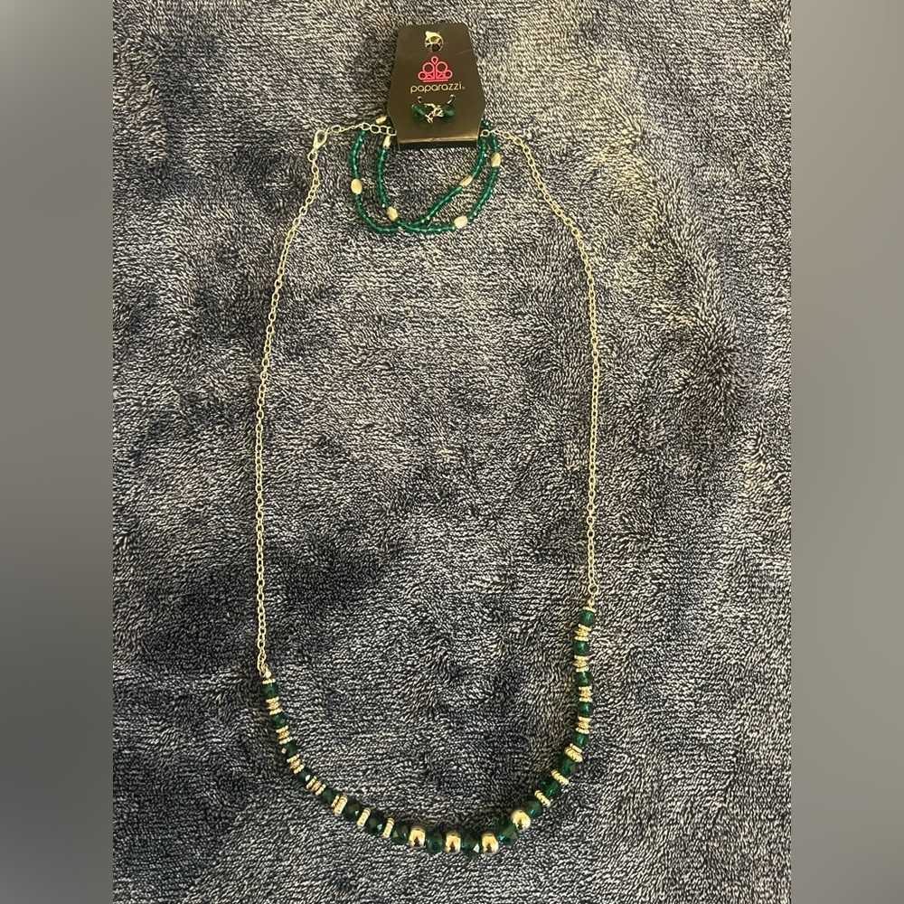 Paparazzi Silverand Green Necklace, 2 Bracelets, Earrings Set
